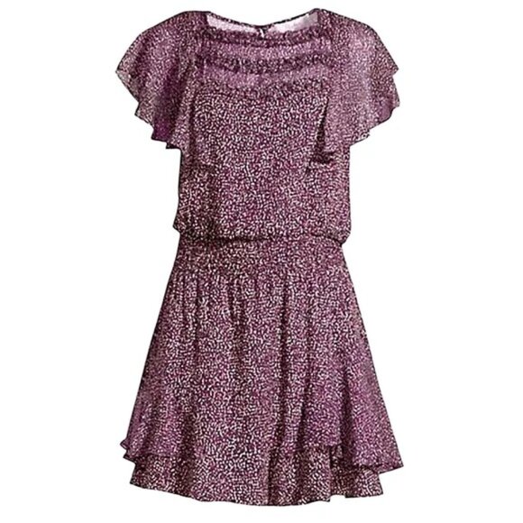 Parker Funfetti Purple Ruffle Silk Mini Dress Size S Smocked Waist Flutter Sleev - Picture 1 of 7